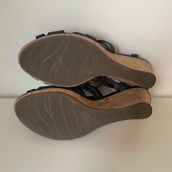 Clarks Artisan Wedge Heels Black Leather Sandals Slingback Size 10 Shoes - Picture 10 of 11